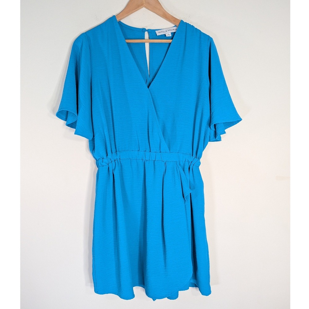 Emma & Michele Blue Romper; Flutter Sleeve V-Neck Elastic Waist